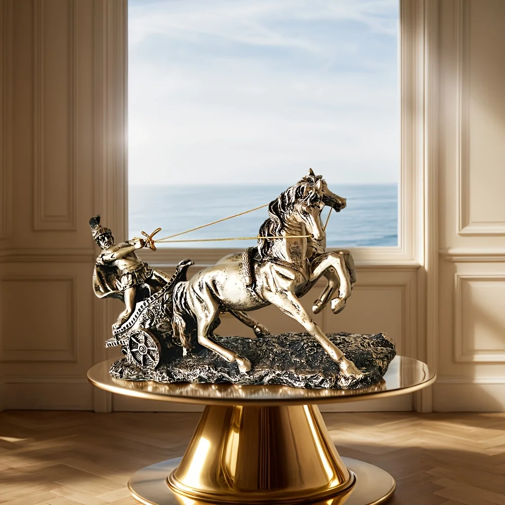 1 قطع خمر عربة رومانية النحت الذهبي الحصان والمحارب غرفة المعيشة مكتب ديكور المنزل الديكور الراتنج اليدوية