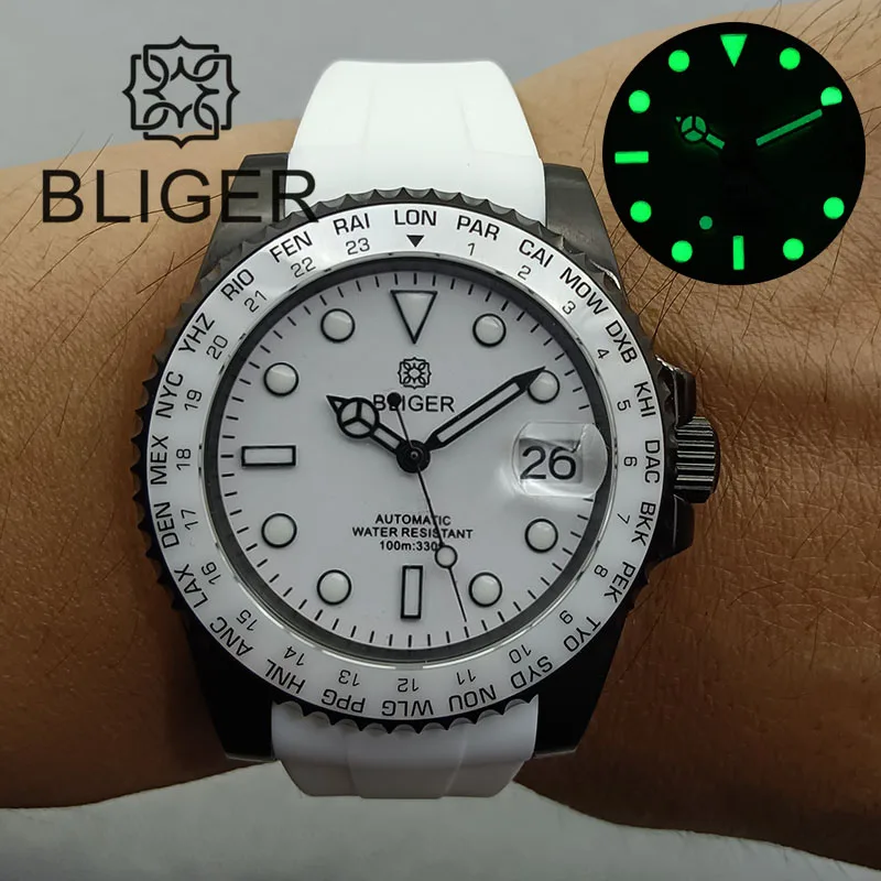 BLIGER 40mm NH35A Automatic Watch For Men White Ceramic Bezel  Black PVD Coat Case Green Luminous Date Magnified Rubber Strap