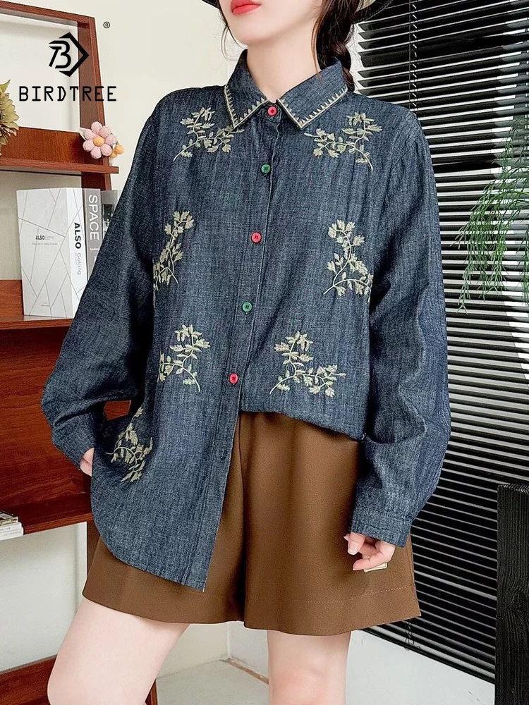 

New 2025 Winter Long Sleeve Denim Shirt, Women Turn-down Collar Embroidery, Mori Girl Retro Japan Style Loose Blouse T5N659CC