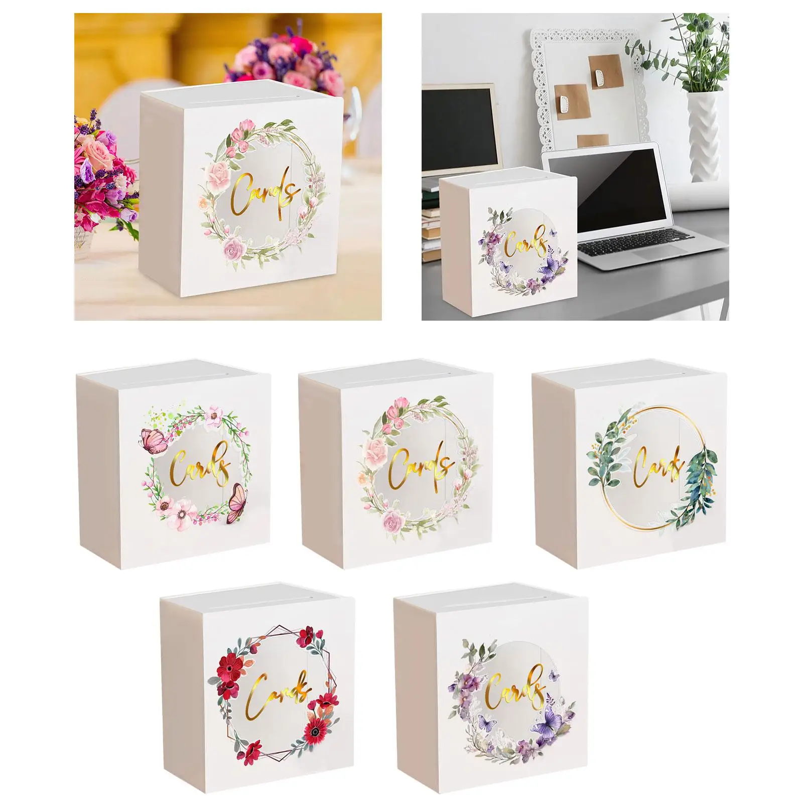 صندوق بطاقات أكريليك لحفلات الزفاف مع فتحة 13 × 25 × 25 سم صندوق متعدد الأغراض مطبوع عليه زهور لـ #4