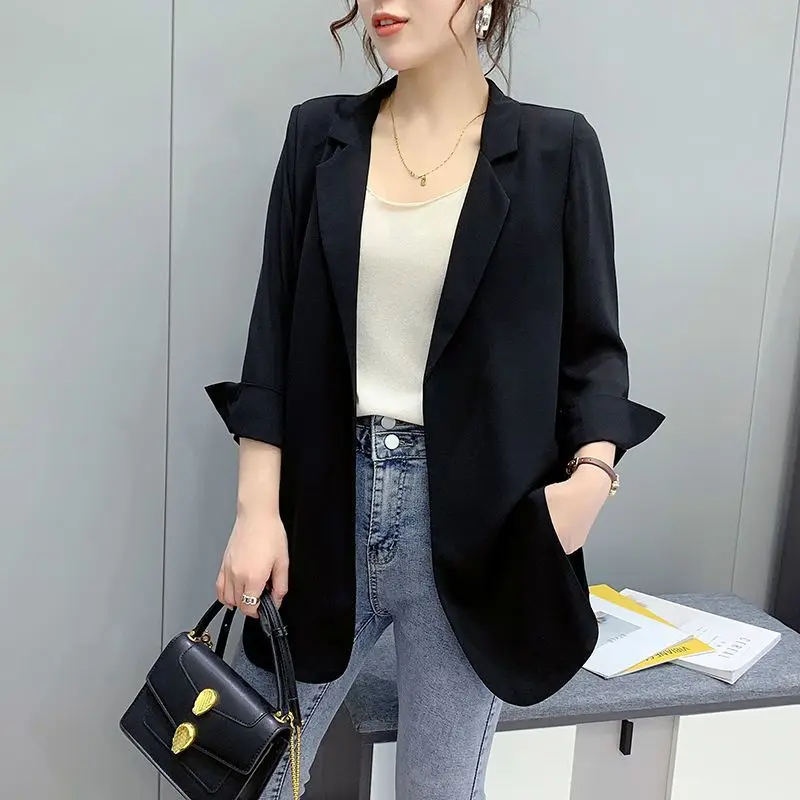 Solid Color Notched Korean Formal Office Lady Fashion Casual Blazers Spring Summer Thin Women\'s Clothing 2023 Tops Dignified