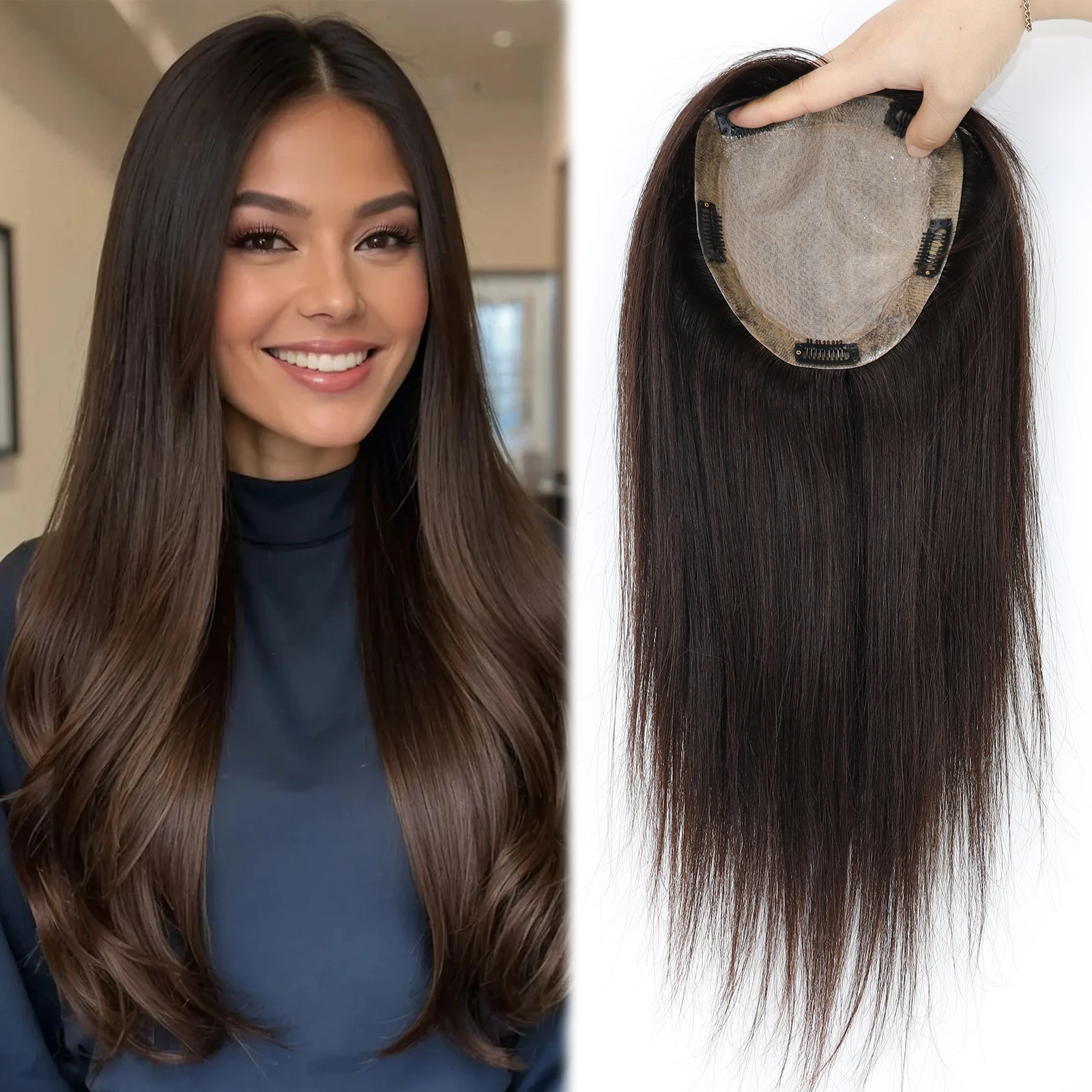

24" Dark Brown Virgin European Human Hair Topper with PU Around 6x6" Silk Skin Top Toupee for Women Natural Scalp Hair Piece