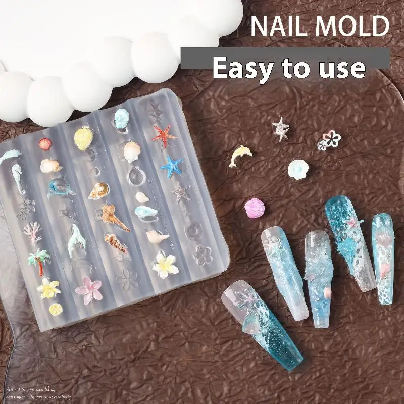 1pcs Sea Shell Zeester Goudvis Koi Vis 3d Acryl Nail Mold Zomer Zee Koraal Bloem Vlinder Diy Siliconen mal Nail Art Mold