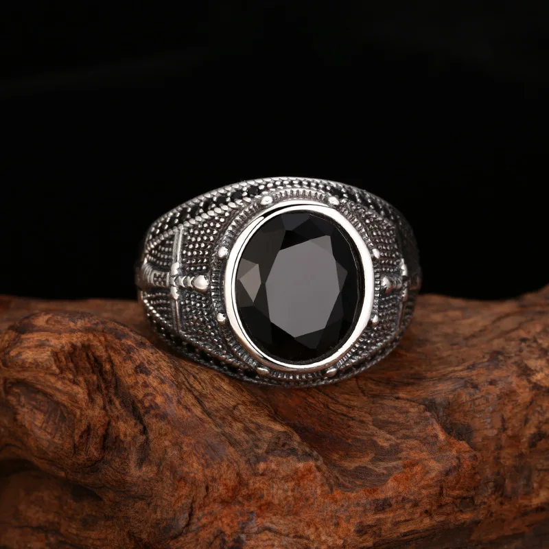 S925 Sterling Silver Black Zircon Adjustable Ring Punk Style Sword Old Process Free Size Women Fine Jewelry FYRNG166
