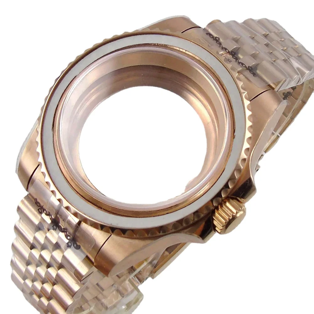 

40mm NH35 Case Waterproof Rose Gold Stainless Steel Bracelet for NH34 NH36 Movement Glass Back Slide Glide Lock Sapphire Glass