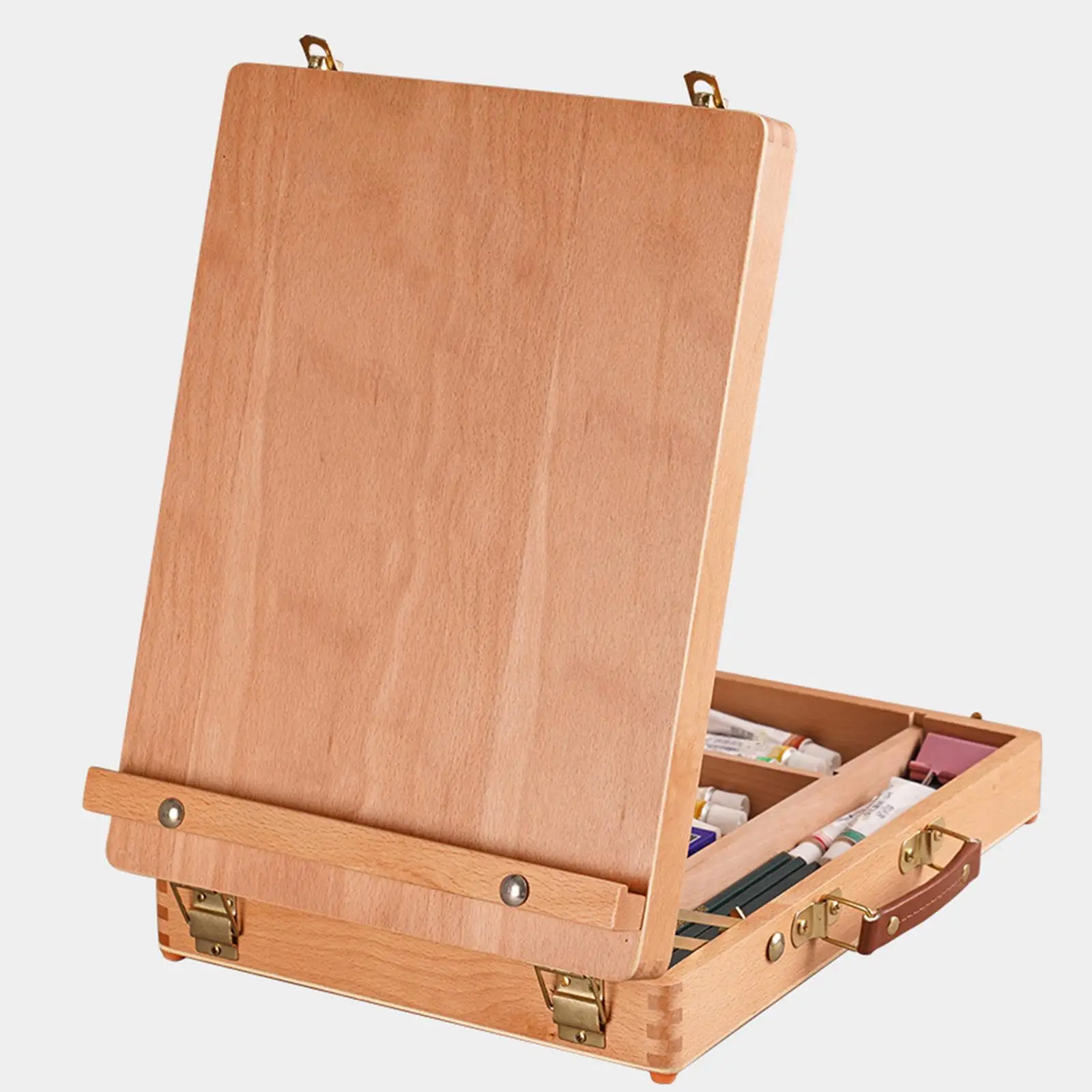 Portable Wooden Artist Desktop Storage Case With Easy Carry Leather Handle And Detachable Compartments Painting Easel