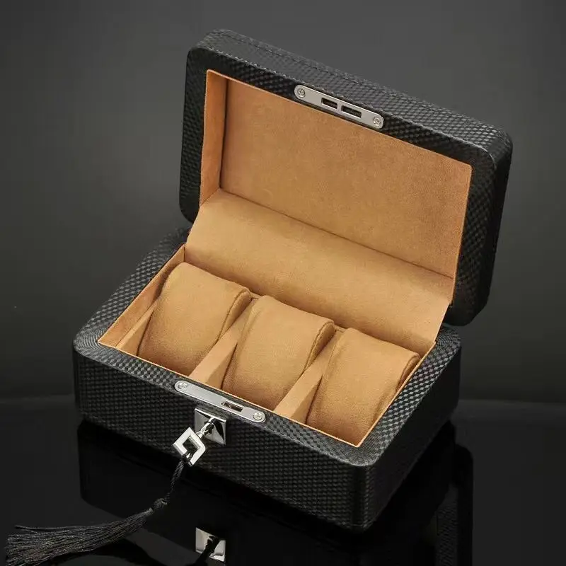 New 3 Slots Leather Watch Case Storage Box Black Carbon Watches Organizer With Lock Fashion Carbon Watch Holder For Men