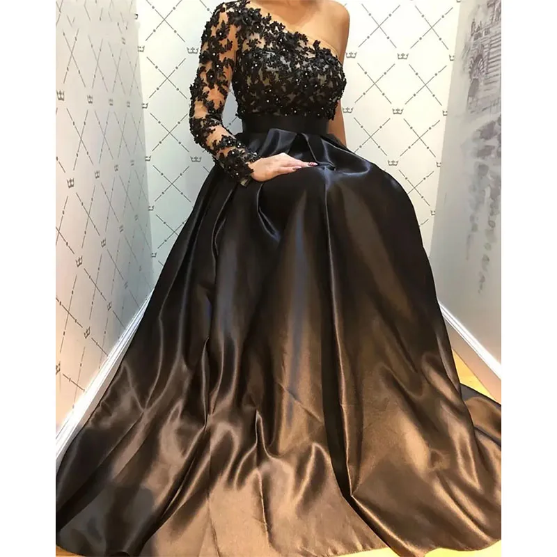 

Prom Party Gown Black Evening Dresses New Custom One-Shoulder Satin A Line Long Sleeve Beaded Applique Sequins