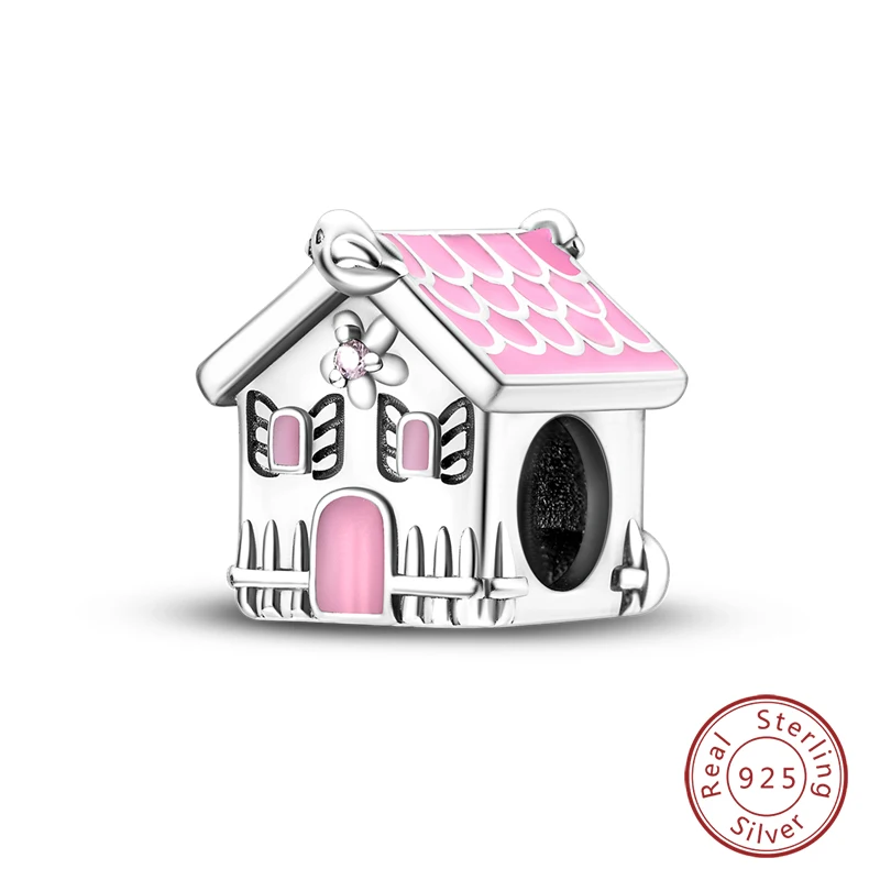 

925 Sterling Silver Pink Sweet Cabin Charms Beads Fit Pandora 925 Original Bracelets DIY Jewelry