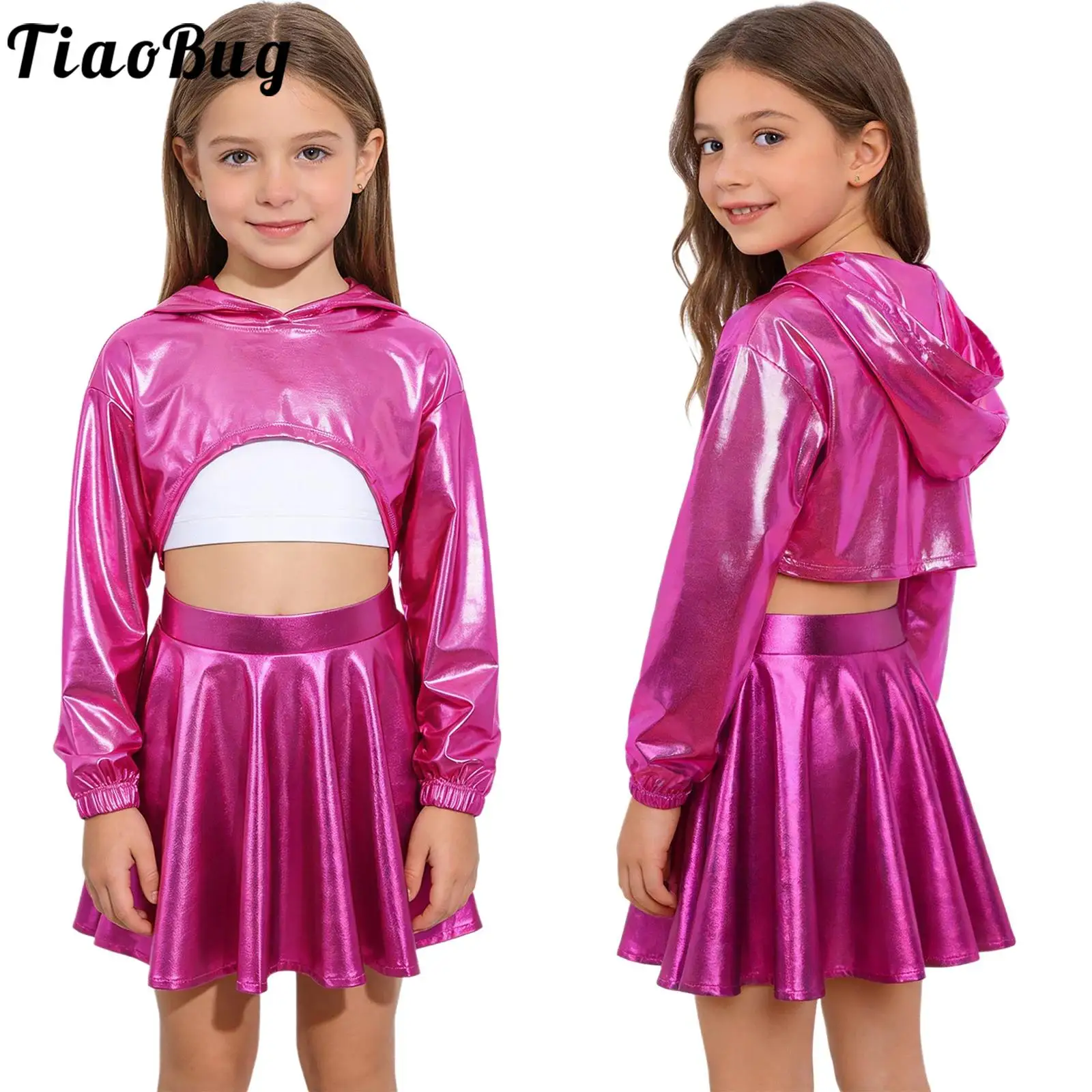 Kids Girls Hip-Hop Jazz Street Dance Outfit School Cheerleading Costume Long Sleeve Metallic Shiny Hoodie Tops with Vest Skirt
