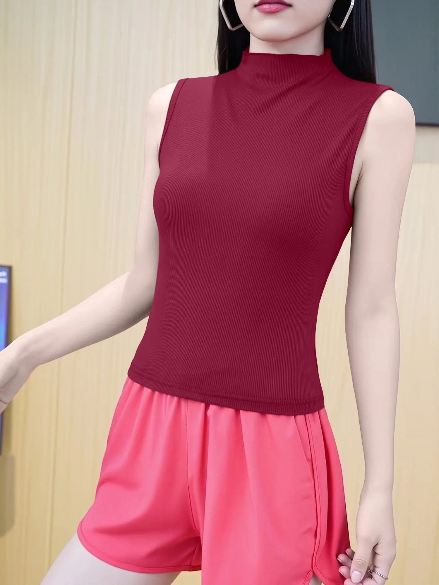 Autumn Daily Clean Girl Mock Neck Sleeveless Ribbed Tank Top Slim Solid Knit Top Lightweight Multi‑scene Wear‑alone Top