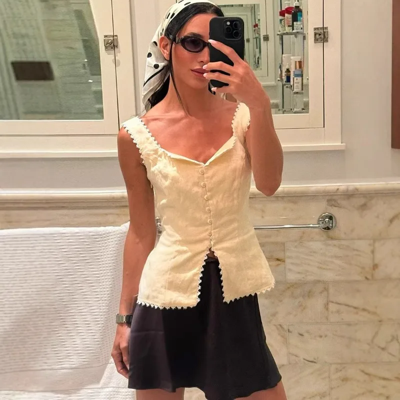 Women's Vintage Linen Camisole Top Lace Trim V Neck Button Front Fitted Waist Sleeveless Blouse for Summer Casual Streetwear