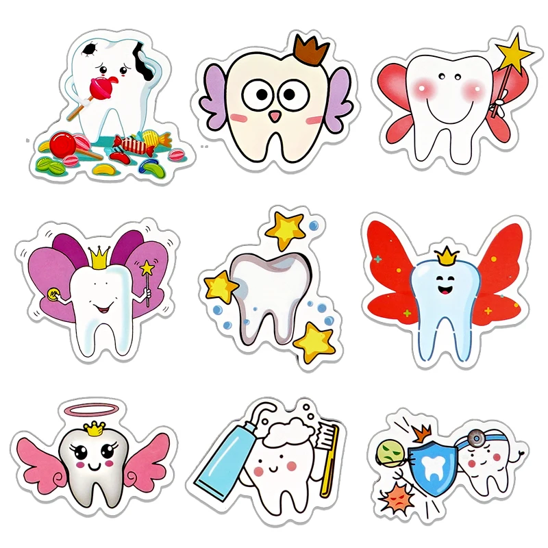 50/100pcs Cartoon Tooth Shape Stickers Tooth Fairy Paper Sticker Dentist Gift for Kid Children Graffiti Decal Sticker