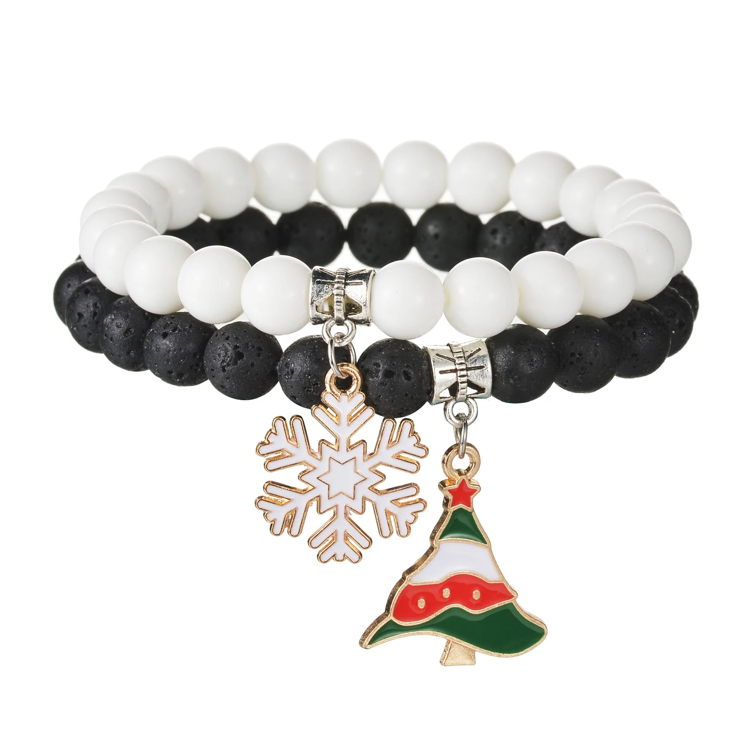 2Pcs/Set 2023 Fashion Christmas Santa Claus Stone Beads Bracelet White Black Beaded Bracelets for Women Men Jewelry