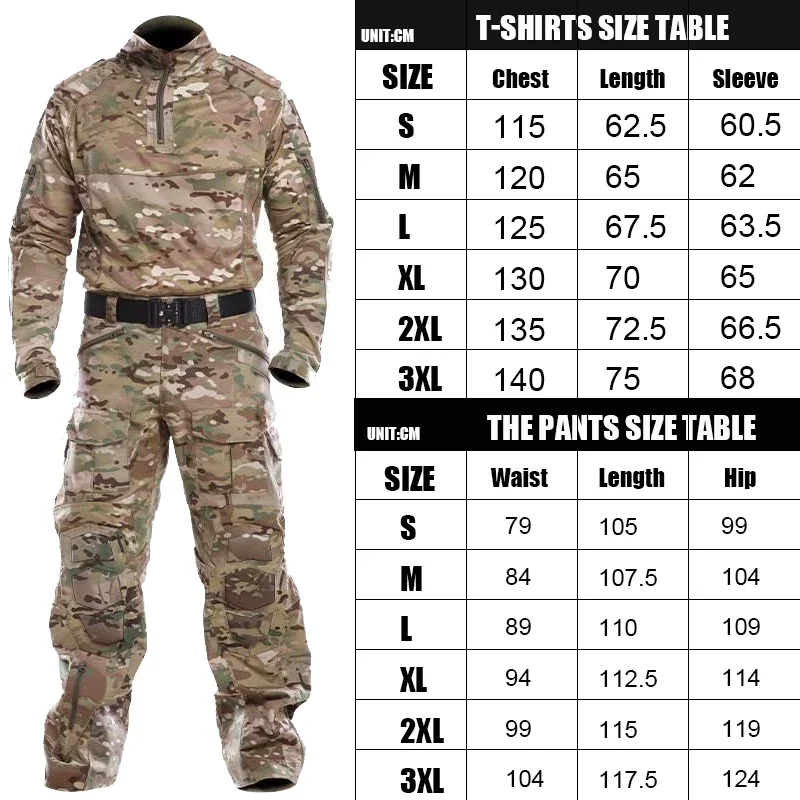 KIICEILING Outdoor Hunting  Multicam Shirts And Combat Pants Camouflage Tactical Uniform Clothes Ghillie Suit With Knee Pads