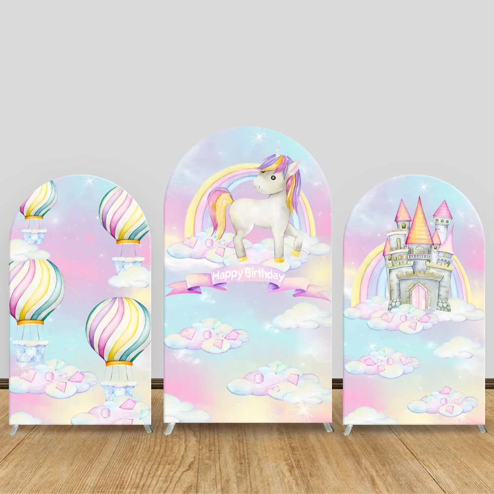 

TB Unicorn Arch Backdrop Cover Rainbow Castle Hot Air Balloon Cartoon Kids Birthday Baby Shower Party Decor Photo Background