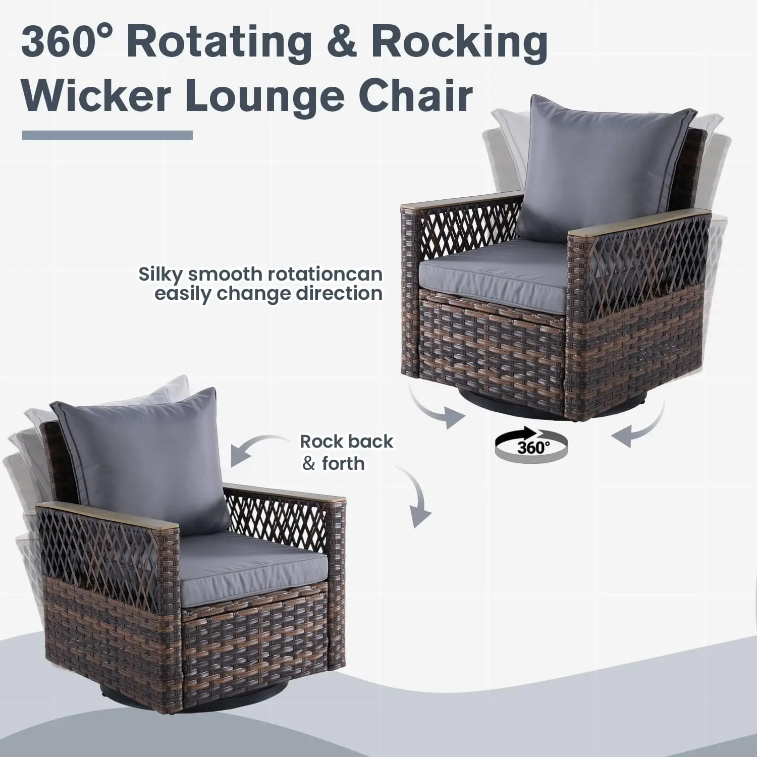 طقم فناء هزاز دوار خارجي مكون من 3 قطع مع طاولة، وخوص مناسب لجميع الأحوال الجوية، ووسائد سميكة، وظهر مرتفع للحديقة والفناء الخلفي