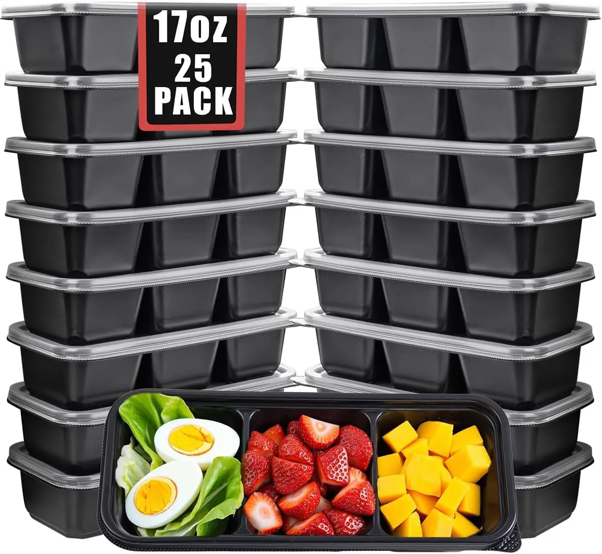 

25-Pack Small 3-Compartment Meal Prep Containers – With Lids | Disposable Yet Reusable Bento Boxes for Snacks & Meals