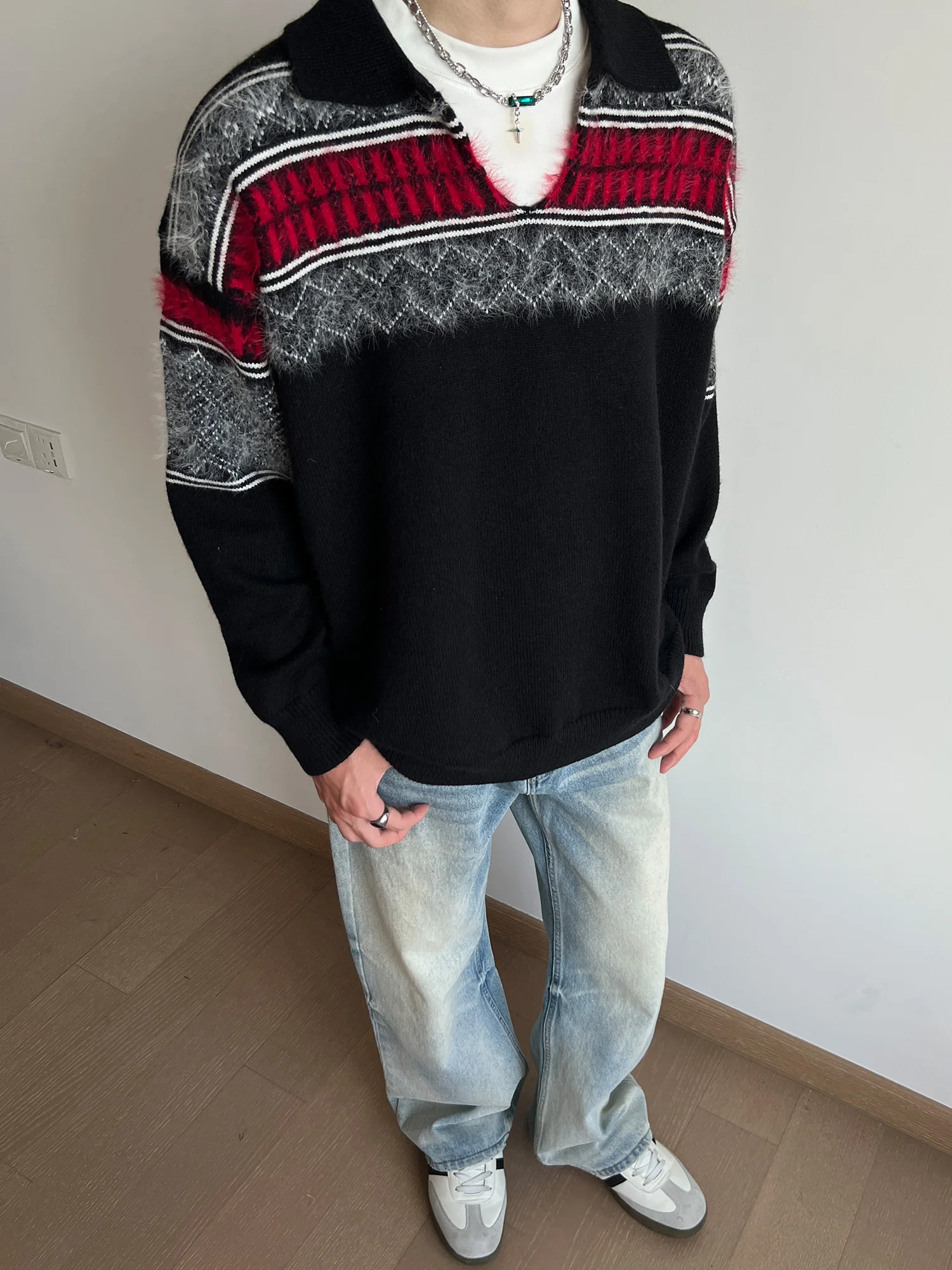 

Мужской вязаный свитер-пуловер с V-образным вырезом в стиле ретро, американский дизайн, контрастные цвета, осенне-зимний, уютный, вязаный джемпер