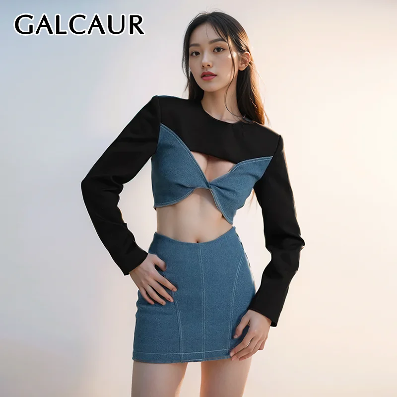 

GALCAUR Hit Color Two Piece Sets For Women Round Neck Long Sleeve Slim Hollow Out Tops High Waist Mini Skirt Chic Set Female New