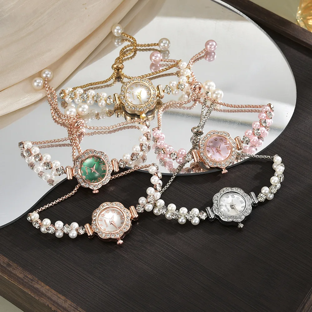 Free pull-out women's bracelet watch, fashionable color pearl studded diamond temperament quartz women's watch image 6