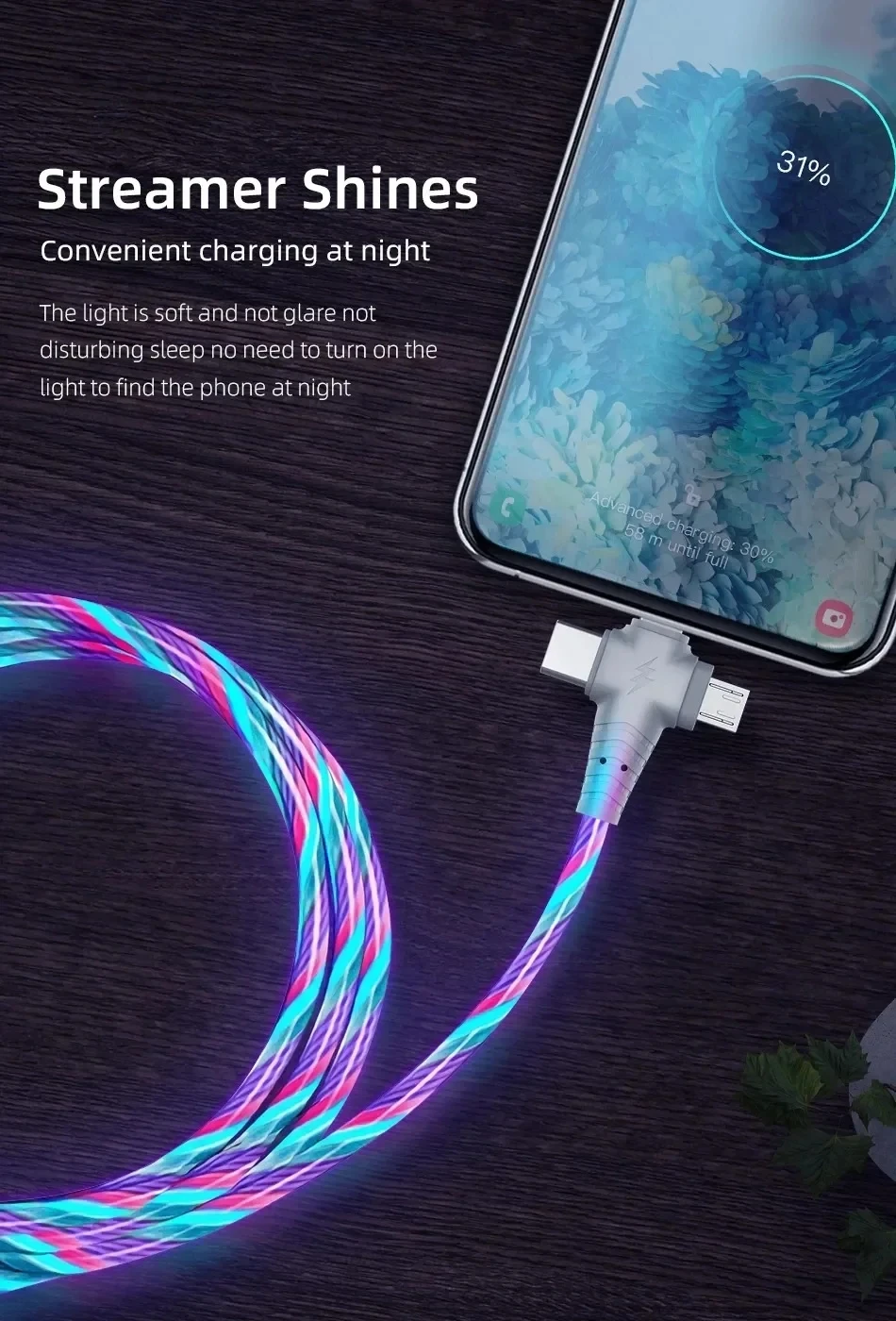 3A three in one first-class luminous USB cable LED cable USB to Micro USB/C-type/8-pin charger wire, suitable for smartphones image 3