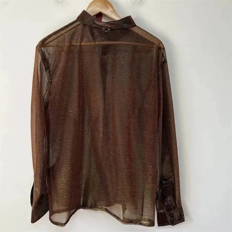 Sheen Sheer Mesh Men's Shirts Simple Solid Color Loose-fitting Versatile Tops 2026 Summer New Long Sleeve Tops W56T