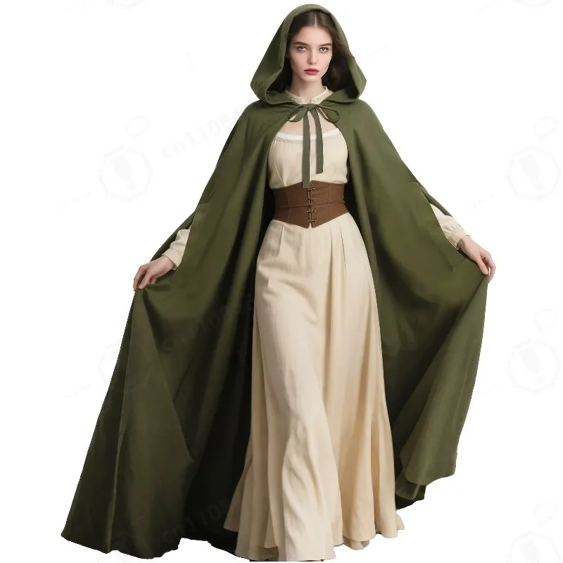 Medieval Retro Hooded Robe Cloak Polyester Long Tunic Outfit for Halloween Carnival LARP Renaissance Cosplay Costume