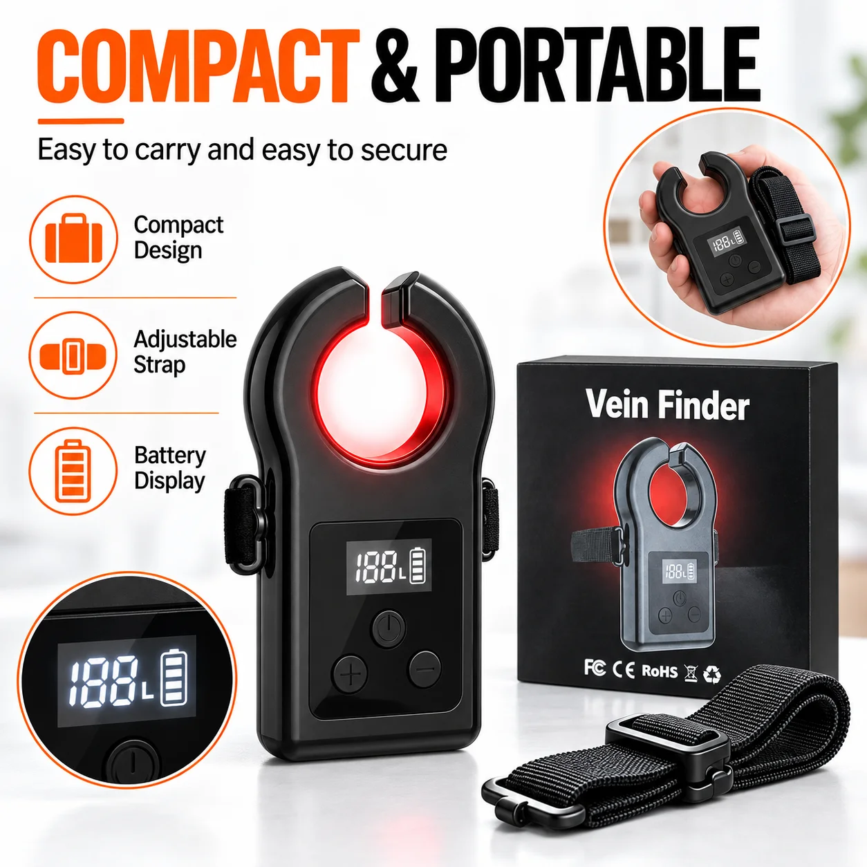 AiQUE Wearable Vein Finder 18 Red LED Adjustable Brightness Vein Viewer Rechargeable Vein Locator IV Insertion Nursing Devic