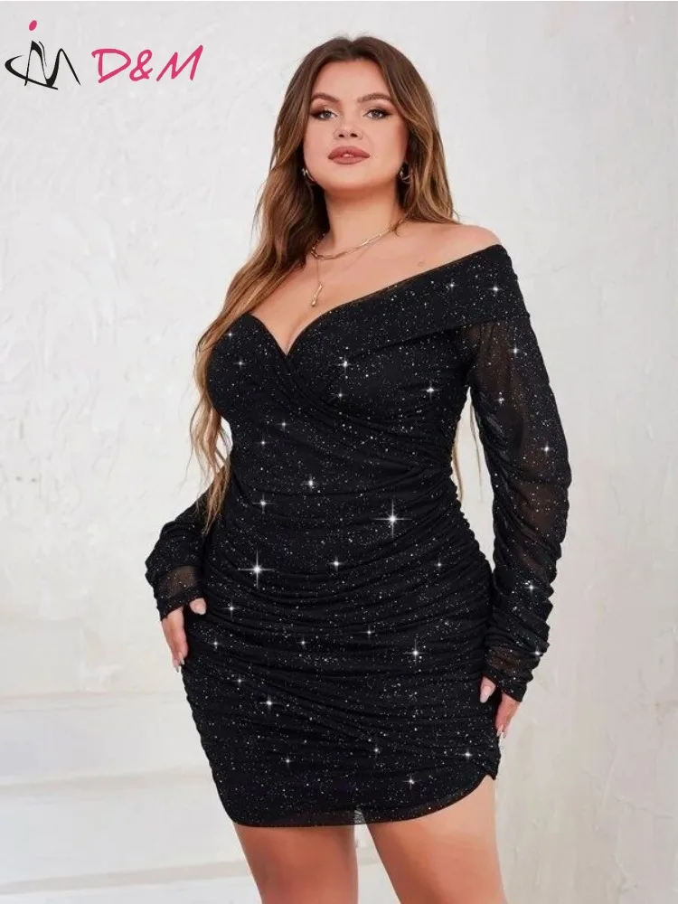 D&M Brand Plus Off Shoulder Ruched Glitter Bodycon Dress Prom Party Dress for Women 2023 Nightclub Sexy Vestidos Para Mujer