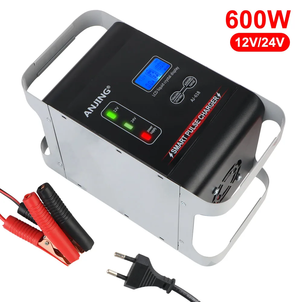 Fully Automatic Pulse Repair Car Battery Charger For Lithium Lead Acid Batteries High Power 12V/24V EU Plug 600W Intelligent