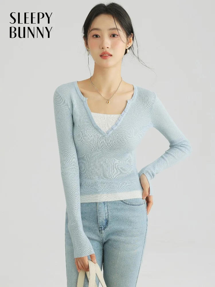 

Милый шерстяной свитер Slim Fit с v-образным вырезом, вязаный топ, стильный искусственный пуловер из двух предметов с длинными рукавами для женщин, осенний повседневный многослойный наряд