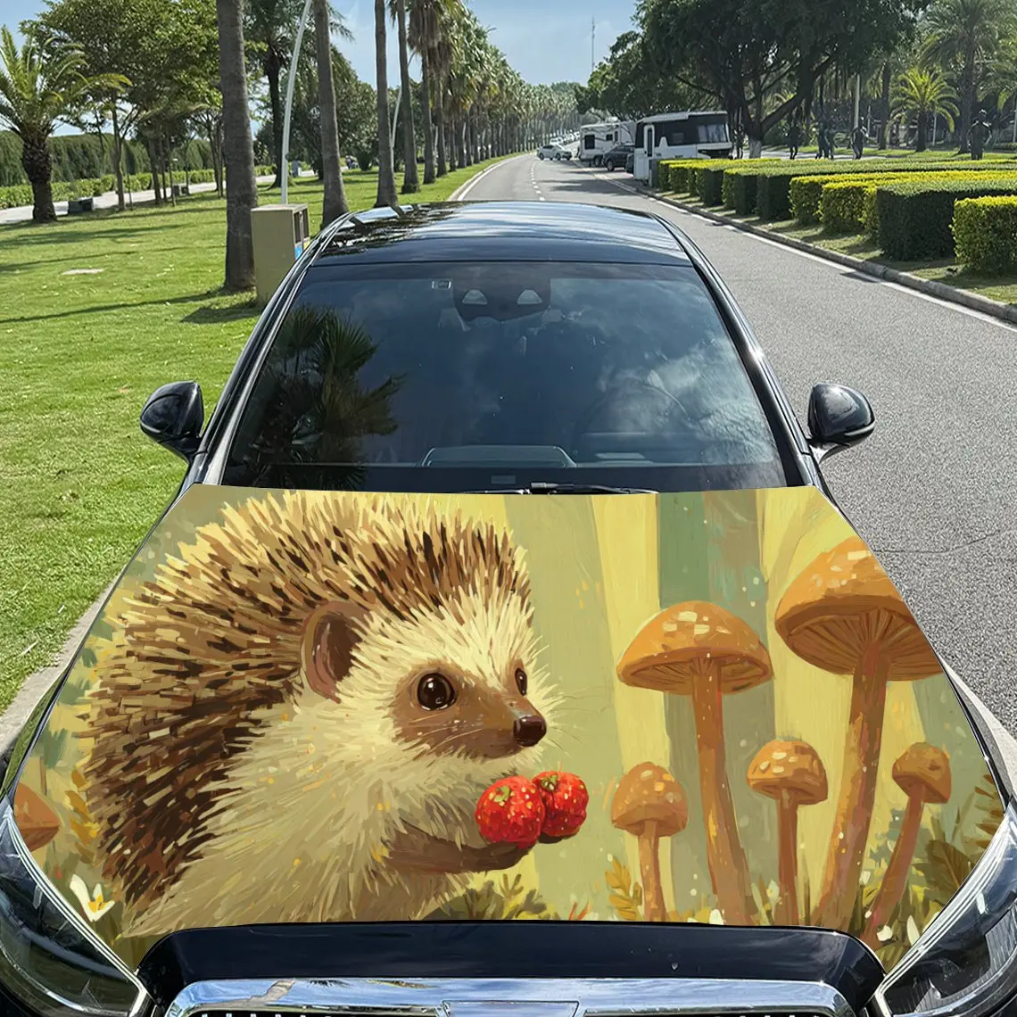 Dreamy Hedgehog in a Magical Forest Glade PVC Car Engine Hood Vinyl Wraps, Self-Adhesive Waterproof Car Hood Decal Sticker, Car