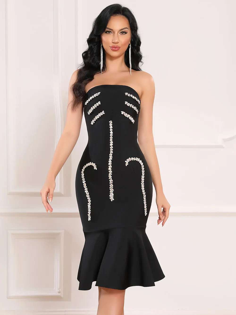 Robe de banquet mi-longue sans bretelles pour femmes, robe de banquet, bandeau, queue, léger, diamant, sexy, luxe, 2025