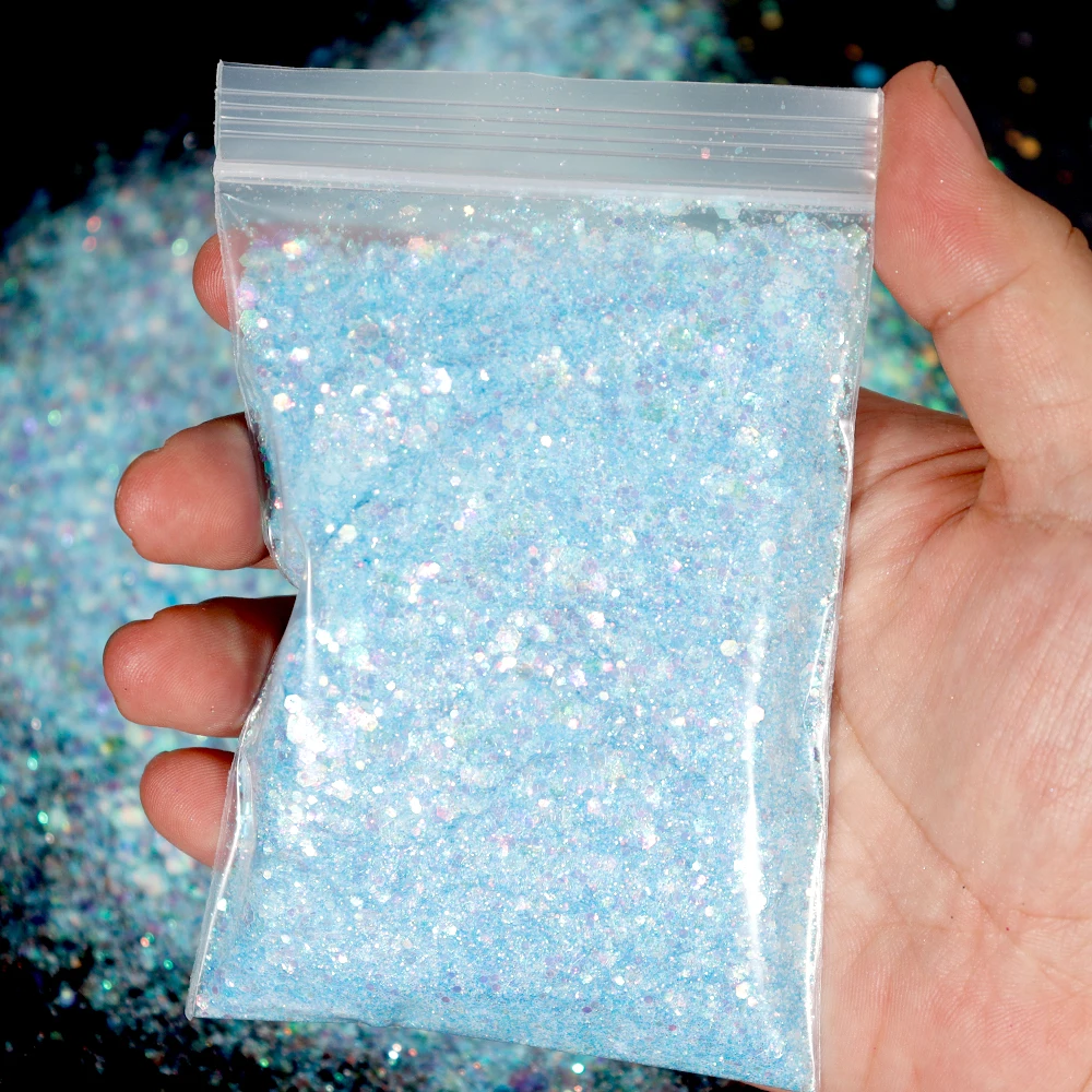 50g Aurora Nail Glitter Paillettes 3D Ice trasparente formato misto Hexagon olografico lucido Manicure/occhi/corpo decorazione Paillettes *