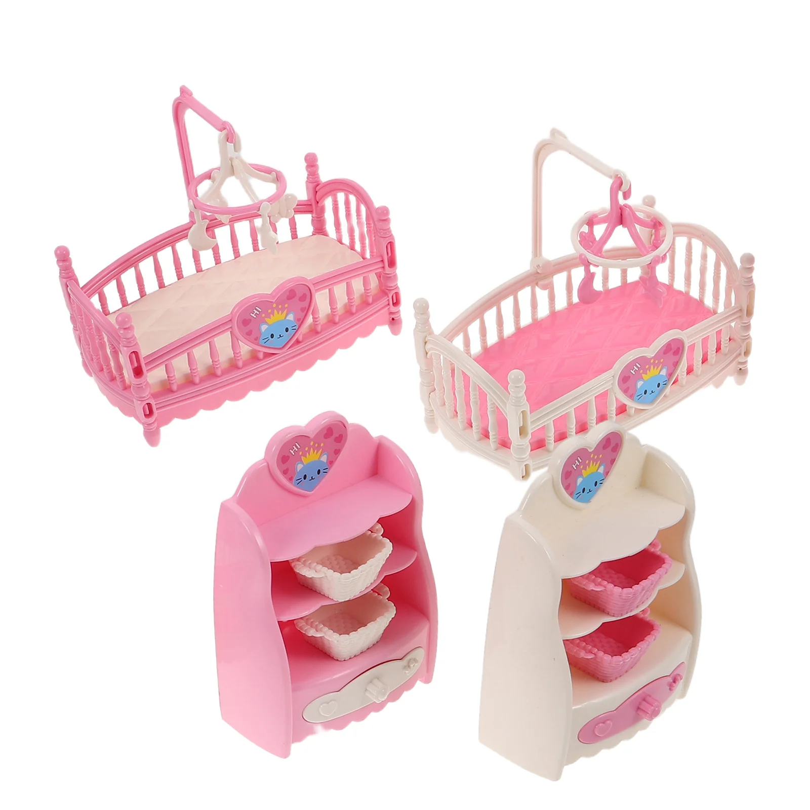 

4Pcs Dollhouse Bedroom Furniture Kit Includes Crib and Storage Unit for Mini House Role Playing Scenes Resilient Plastic