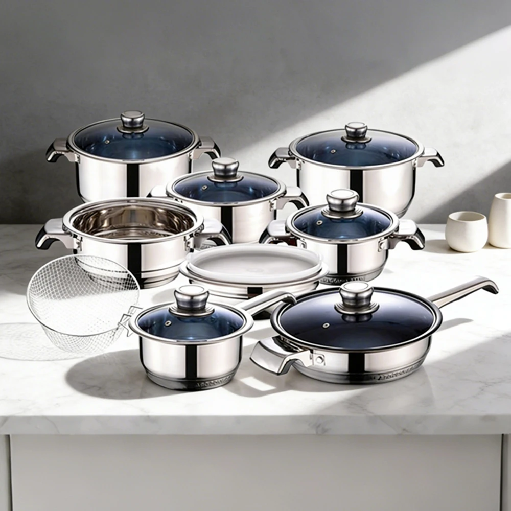 Stainless Steel Kitchenware Set Non Stick Cookware Pots Pans With Glass Lids for Home Cooking Cookware