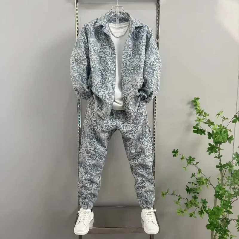 Spring Autumn New Men's Casual 2 Piece Set Lapel Jacquard Shirt & Pants Comfortable Full Outfit Stylish Co-ord Suit