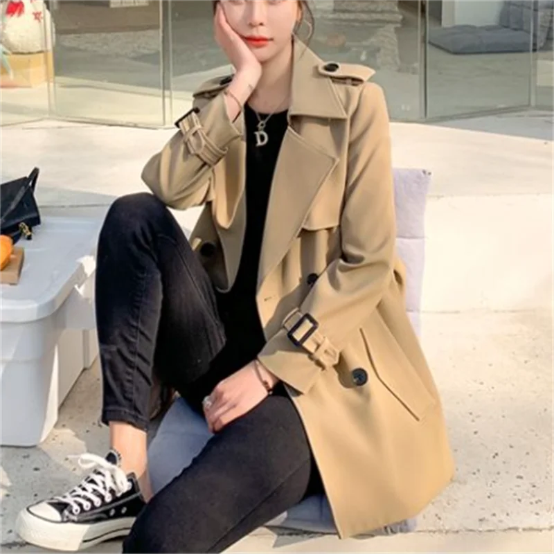 Autumn Winter Coat Women British Windbreaker Belt Trench Coat Streetwear Medium Length Jacket Coat Female Slim Outwear Casual