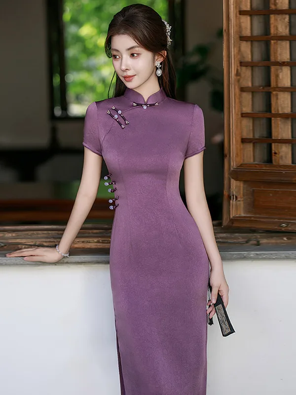 

Женское фиолетовое китайское платье-халат в винтажном стиле, приталенное, для повседневной носки, летнее, традиционный китайский дизайн