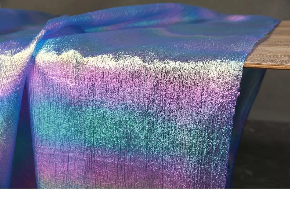 Pearl Mesh Fabric with Iridescent Laser Gradient Slight Wrinkle Translucent Luster for DIY Bridal Gown Stage Dress Design