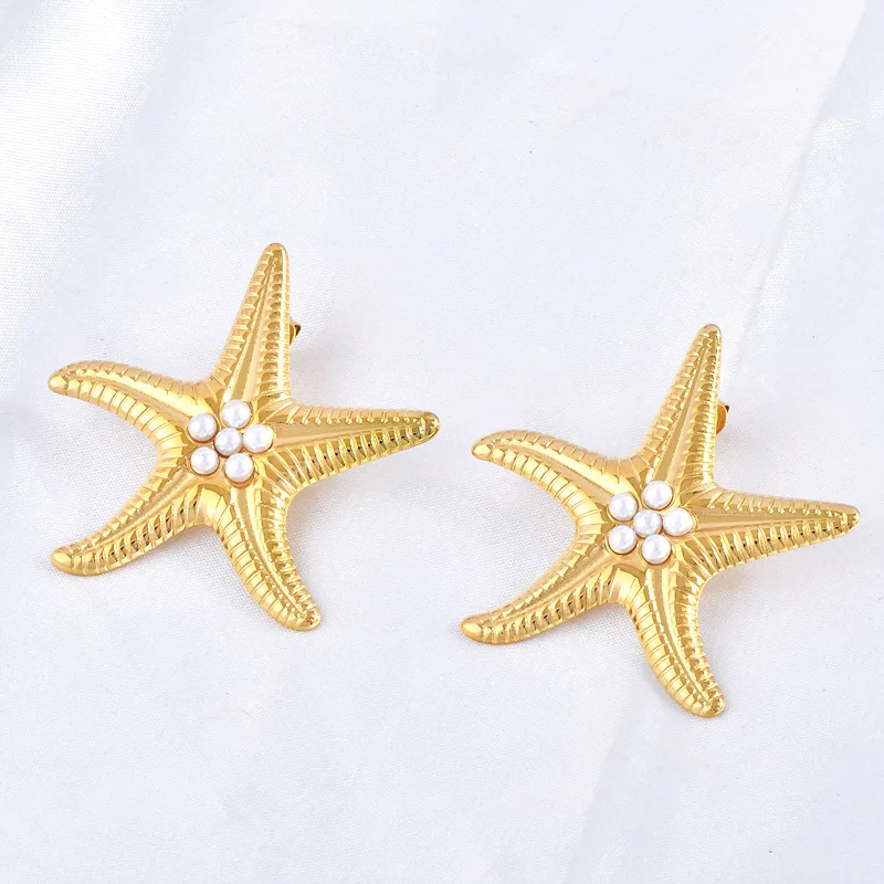 Starfish Pearl Earrings Women's Titanium Steel Color Preservation Temperament New Exaggerated Retro Style Niche Design Summer Earrings Internet Celebrity