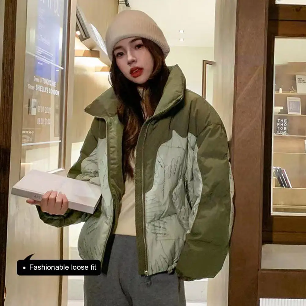 Velvet Lined Winter Jacket Stylish Women's Cotton Coat With Stand Collar Patchwork Printing Zipper Closure Mid For Weather