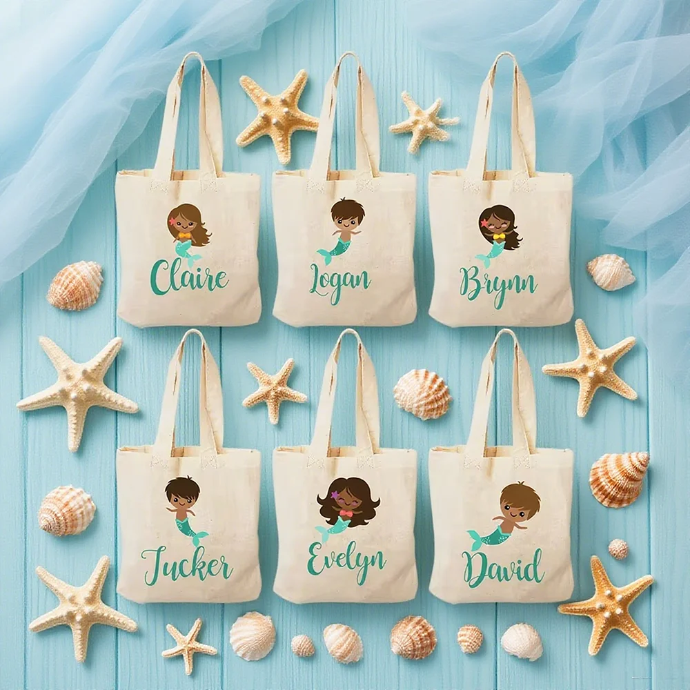 

Custom Mermaid Treat Tote Bags Canvas Favor Bag Mermaid Theme Party Decoration Supplies Back To School Birthday Baby Shower Gift
