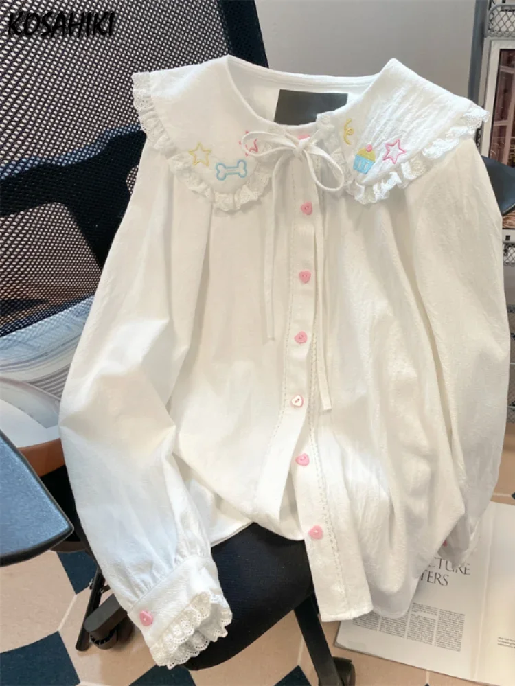 2024 Spring Blouse Women Japanese Kawaii Cute Lace Patchwork Peter Pan Collar Shirt Vintage Sweet Embroidery Top Blusas Feminina