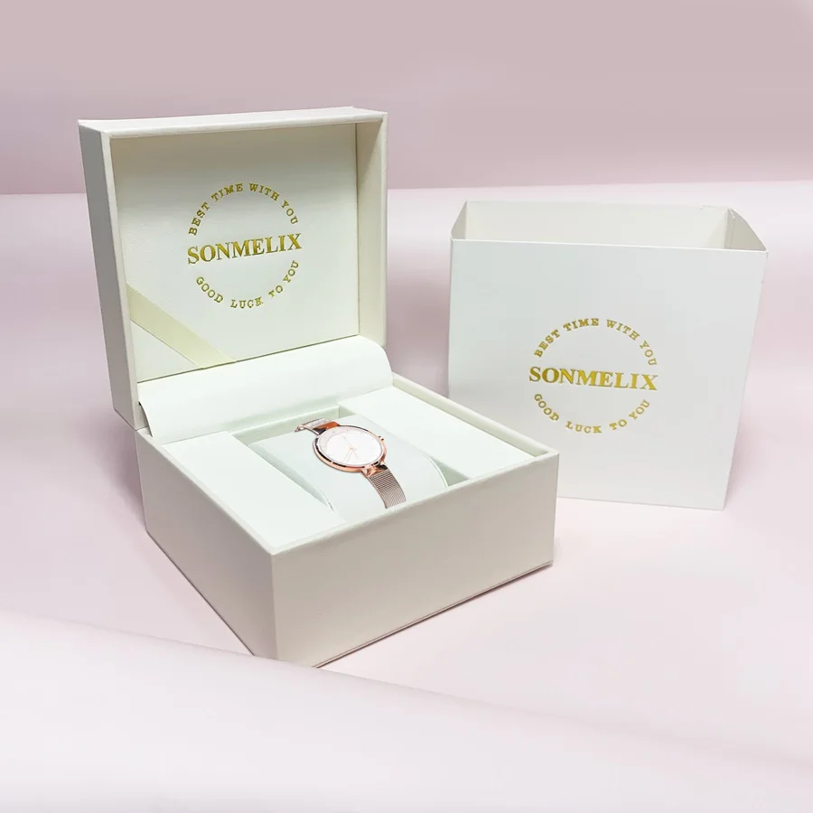 Viral Trending Luxury Watch Packaging Box White PU Leather Exquisite Stitch Gold Print Logo Dustproof Wristwatch Storage Case Fo