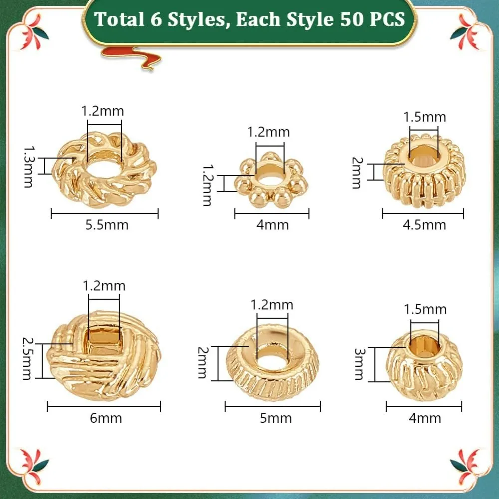 300PCS Gold Spacer Beads 6 Style Alloy Jewelry Bead Charm Spacers Wreath Beads Rondelle Disc Loose Beads for Jewelry