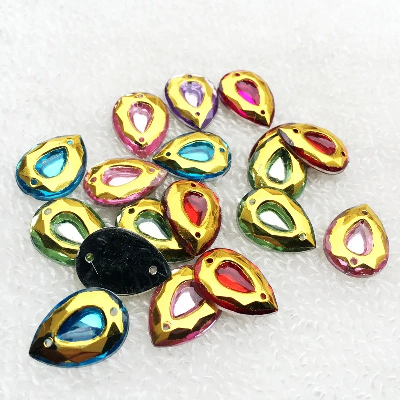 13*18mm 40pcs Randomly mixed color Acryl Tear drop Rhinestones Applique Strass Two hole sewing gem Crystal Flat Back Stone -HT39