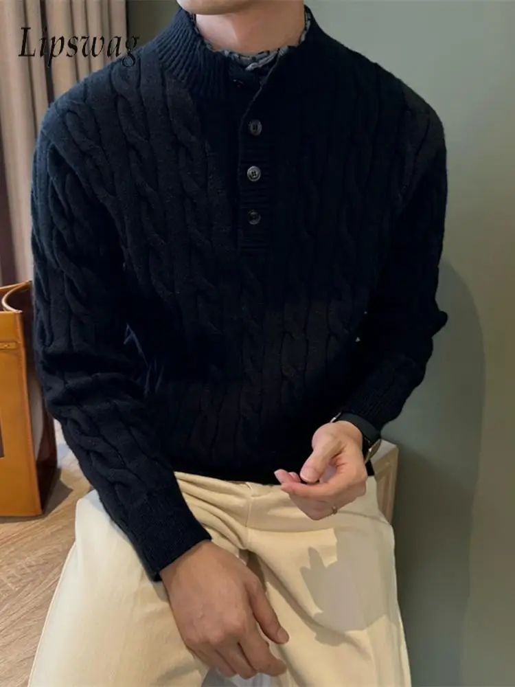 Fashionable Fake Two Piece Design Knitted Polo Shirts Mens Fall Winter Warm Solid Color Henley Collar Long Sleeve Knit Shirt