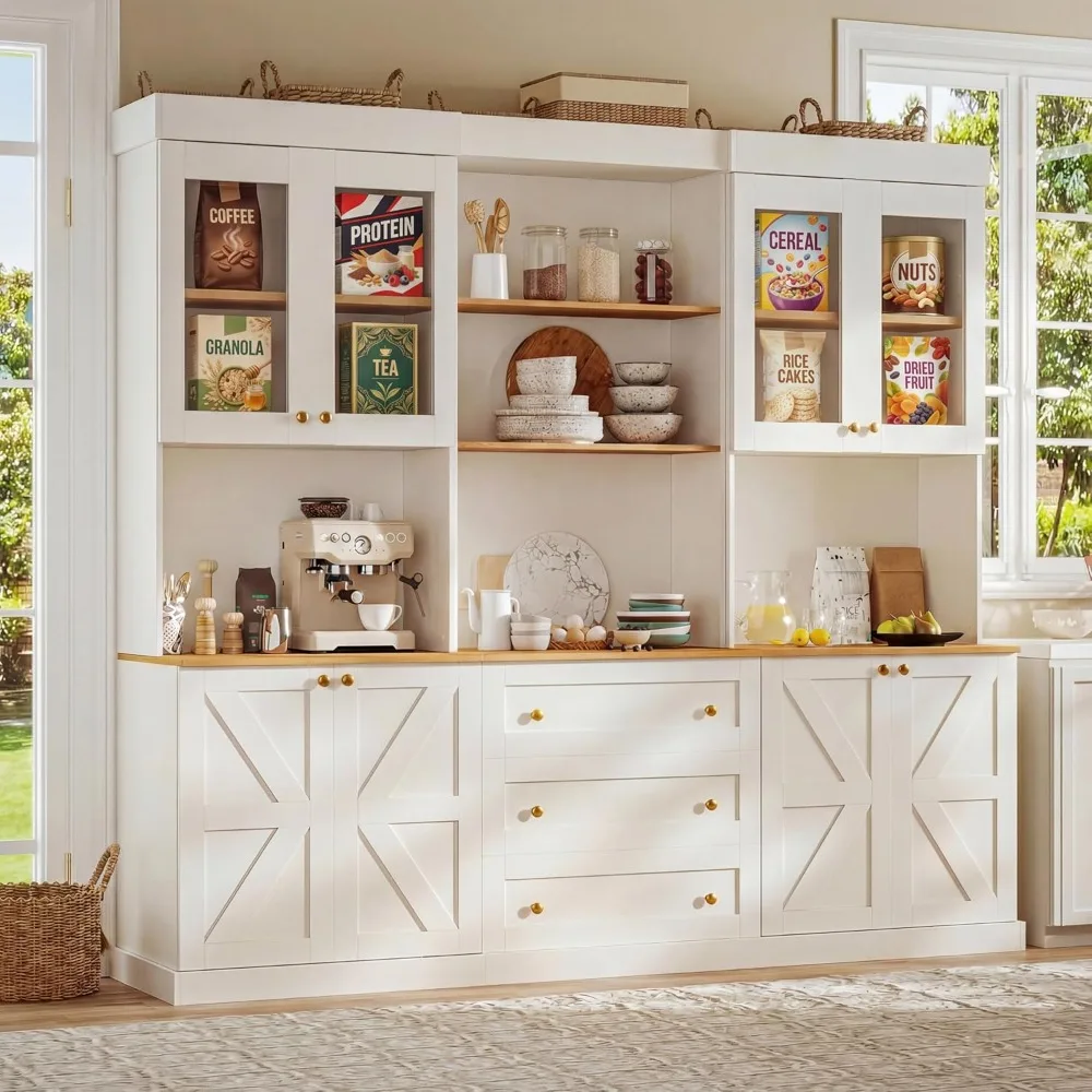 

71 Farmhouse Kitchen Pantry Cabinet Set of 3, Freestanding Coffee Bar Hutch with Glass Doors, Drawers & Adjustable Shelves